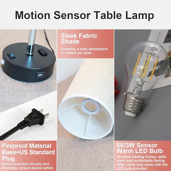 Table Lamp with Motion Sensor and Constant on Mode, USB Lamp Include Warm White Bulb, Built in USB Port & AC Outlet, Bedside Lamp Idea for Bedroom Retro Cream