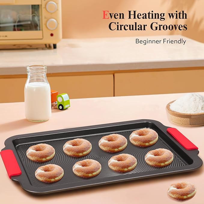 Baking Pans Set with Circle Grooves, 2-Piece 16x11in Nonstick Cookie Sheets for Baking & Roasting, Baking Sheet with Red Grips, PFAS/PTFE Free,Gray