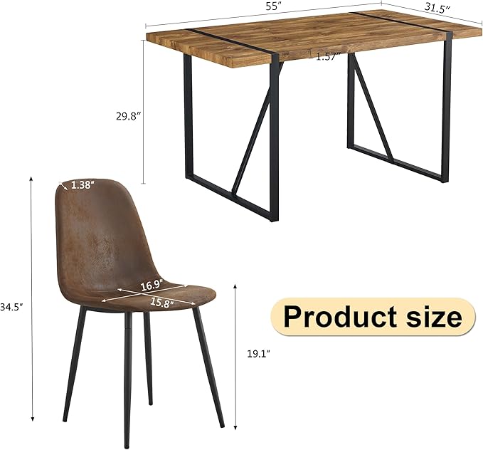 Rustic 5 Piece Dining Room Table Set for 4 People, Mid Century Modern 55 Inch Rectangle Wood Kitchen Dining Table with 4 Fabric Chairs Set, Suitable for Kitchen Dining Room