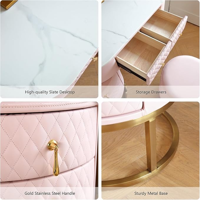 Faux Leather Makeup Vanity Desk Set with LED Lighted Mirror Luxury Dressing Makeup Table with Storage Drawers & Vanity Stool, Pink