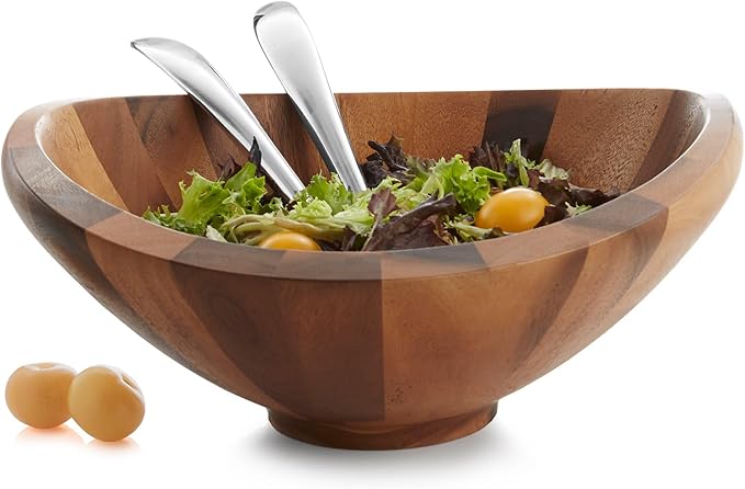 Nambé Butterfly Salad Bowl with Servers, 16-Inch Acacia Wood Bowl with 14-Inch Alloy Servers, Modern Table Centerpiece for Entertaining, Dining & Kitchen Serveware, Wood & Metal Design