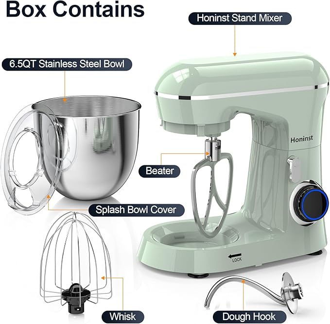 Stand Mixer, 6.5QT 10-Speed Tilt-Head Electric Stand Mixer, 3-In-1 Kitchen Mixer with Bowl, Dough Hook, Whisk and Beater, Food Mixer for Baking, Cake and Most Home Cooks, Green