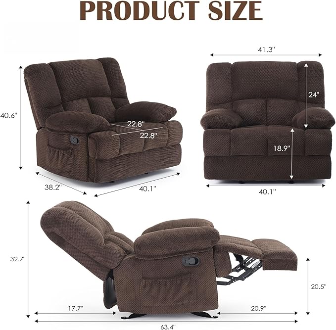 Oversized Rocker Recliner Chair, Wide Rocker Chair with Adjustable Backrest Footrest, Oversized Recliner for Adults, Cashmere Reclining Sofa for Living Room, Chocolate