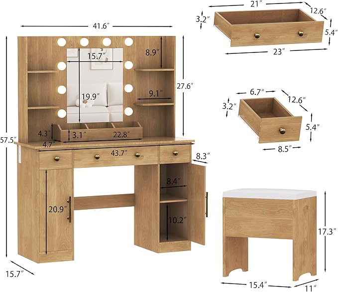 Vanity Desk with Mirror and Lights, Wood Makeup Vanity with Charging Station & Stool, 3 Drawers and Cabinets, Farmhouse Vanity Mirror with RGB LED Lights Makeup Desk and Chair for Women