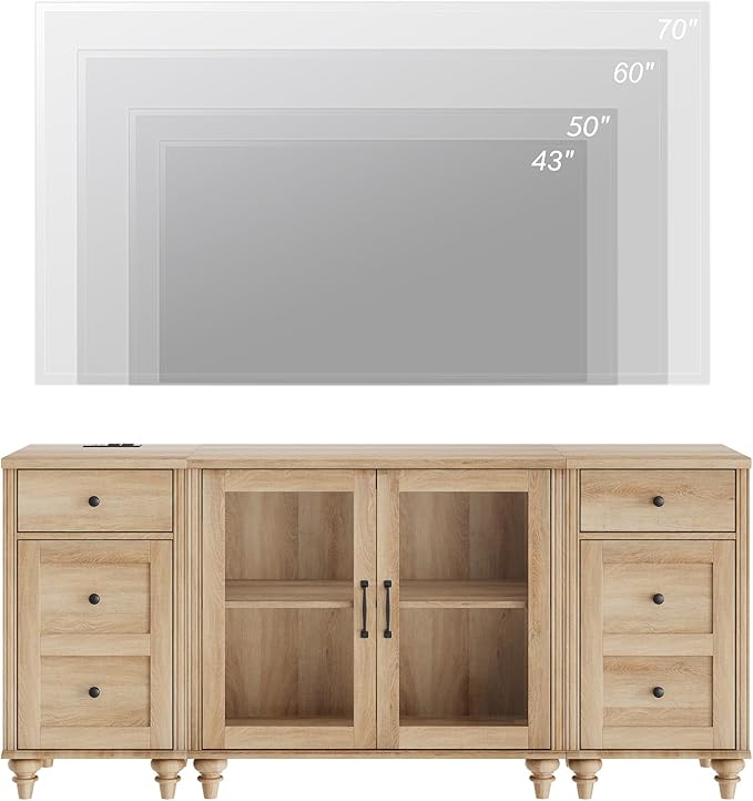 WAMPAT TV Stand for 75 Inch TV, Wood TV Cabinet Entertainment Center with Charging Station, Glass Door Buffet Cabinet for Dining Room, Oak