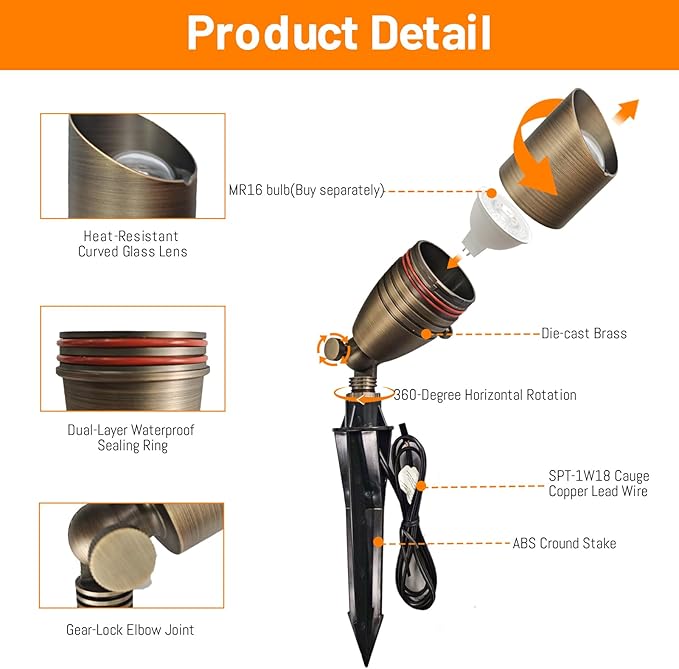 ZONEGRACE Solid Brass 12V Low Voltage Landscape Lighting,Heavy-Duty Waterproof Outdoor LED Spotlights Fixtures with Connectors, Bronze Uplights & Accent Lights,MR16 Bulb Not Included (Classic,6 Pack)