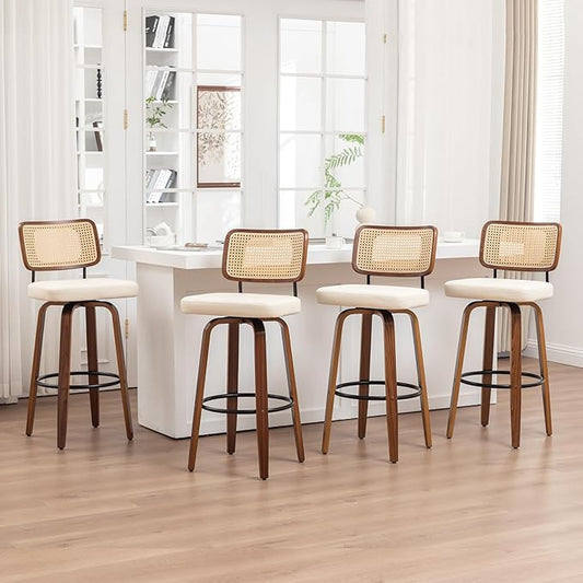 Swivel Counter Height Stools - 26 inch Counter Stools Set of 4 with Curved Rattan Back, Walnut Craftsmanship, Upholstered Seat, Counter Height Bar Stool for Island/Pub/Kitchen (26" Seat Height, Beige)