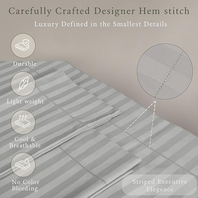 Threadmill 500 Thread Count Twin-XL Size Damask Stripe, 3 Pc Luxury Cotton Bed Sheet Set, Silky Soft Light Grey Sheets with 15" Elasticized Deep Pocket, 1 Pillowcase & Free Tote Bag