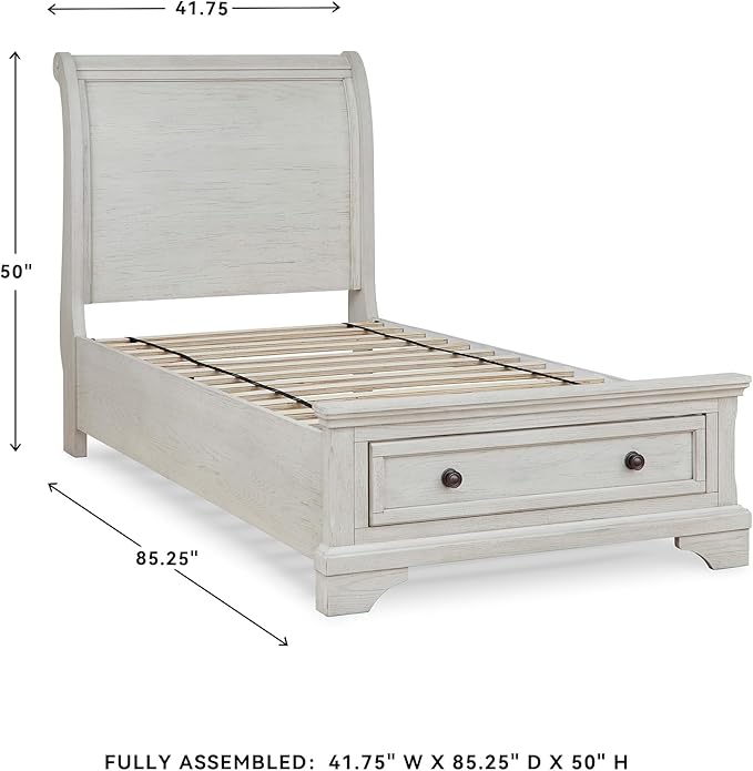 Signature Design by Ashley Robbinsdale Casual Twin Sleigh Storage Platform Bed with 1 Drawer, Foundation or Box Spring Not Needed, White