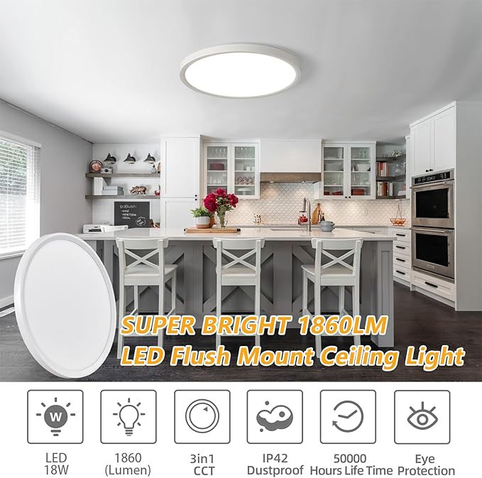 Led Flush Mount Ceiling Light,9 Inch 18w 1860lm,3000k/4000k/6000k 3CCT Selectable, Round Modern Flat Panel Super Slim Led Ceiling Light,for Living Dining Kitchen Bedroom Room (4Pack-White)