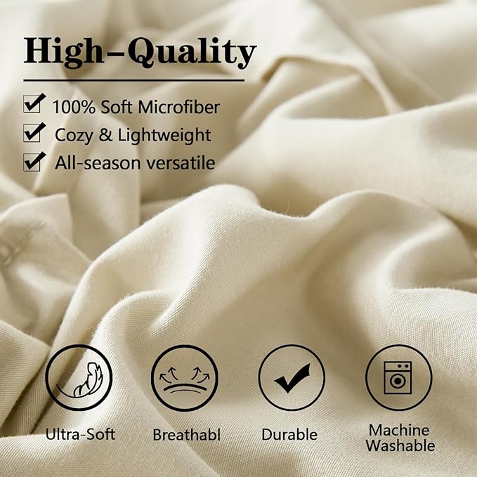 Yogeneg Queen Comforter Set 7 Piece Bed in a Bag,Grid Pinch Pleat Beige Bedding Set,Striped Textured Soft Microfiber Comforter with Sheet Set,All Season Complete Bed Set(Beige,Queen)