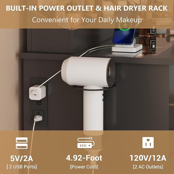 Vanity Desk with 38" Large Mirror and 9 LED Lights & Glass Top and Power Outlet, Adults Makeup Vanity with Chair and 7 Storage Drawers, Dressing Table Set for Bedroom, Modern Black