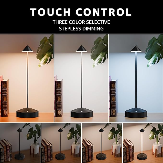 Rechargeable Table Lamp for Bedroom, 3-Level Dimmable Beside Touch Lamps Portable Battery-Operated Desk Light for Nightstand, Living Room, Dining, Office, Outdoor