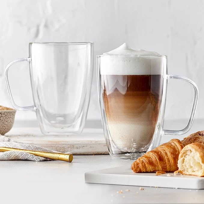 Joeyan Large Clear Double Walled Glass Coffee Mugs 16 oz, Double Layer Tea Latte Cappuccino Glasses Cups with Handle, Double Lined Insulated High Borosilicate Glassware for Hot Drinks, Set of 2