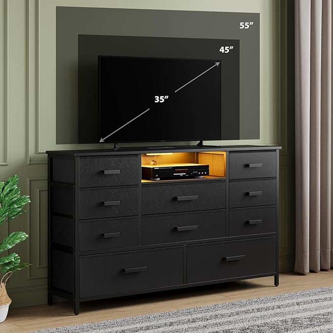 Dresser with Charging Station, Black Dresser for Bedroom with 10 Drawers, TV Stand Storage with LED Light for 55" TV, Fabric with PU Finish, Morden Chest of Drawers for Bedroom, Closet