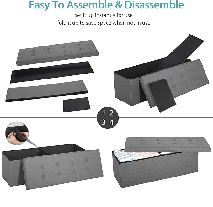 SUPER DEAL Folding Storage Ottoman Bench, 43 Inches Footrest with Divider Foam Padded Seat Large Storage Chest Long Box for Living Room Bedroom Entryway, 660 lbs Capacity, Light Grey