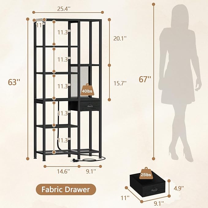 Furologee 6 Tier Bookshelf with USB Ports and Power Outlet, Book Shelf with Charging Station, Bookcase with Drawer, Storage Shelves for Bedroom, Home Office, Living Room, Bathroom, Black Oak