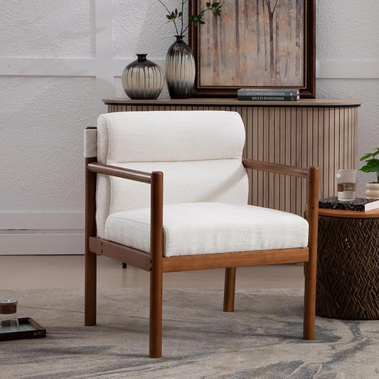 Mid-Century Accent Chair, Modern Linen Fabric Lounger Chair Upholstered Armchair with Walnut Wood Frame, Upholstery Back Leisure Chair for Living Room, Balcony, 1PC, White