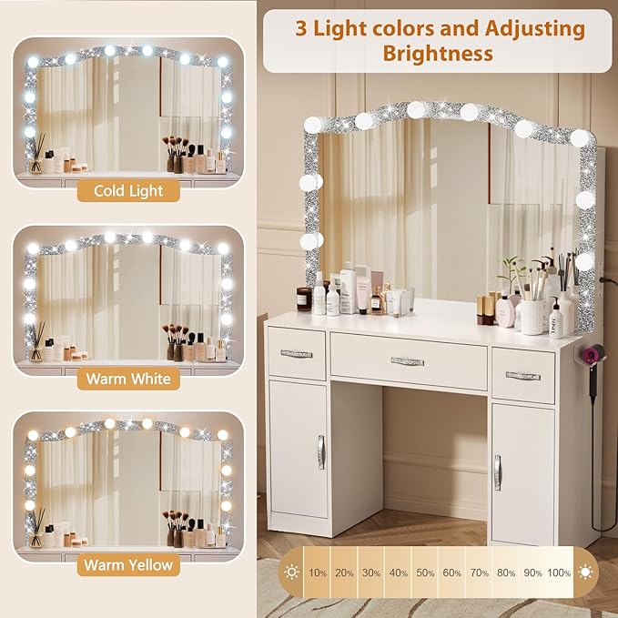 Vanity Desk with Mirror and Lights, Diamond Vanity Mirror with Lights, Makeup Table with Drawers, Cabinets and Power Outlet, 10 Lights 3 Color Lighting Modes, Adjustable Brightness, White