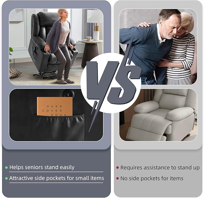 Power Lift Recliner Chair for Elderly, Electric Recliner Chairs for Adults with Massage and Heat, Cup Holders, Remote Control, USB Ports, Side Pockets, Leather (Black)