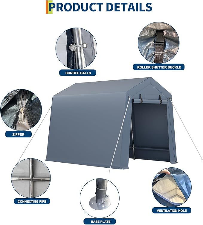 7x12 FT Outdoor Portable Storage Shelter Shed,Heavy Duty Waterproof Tarp,Motorcycle Garage with Roll-up Zipper Door,Storage Tent for Motorcycle Bike Wood Tool Lawn Mower,Gray