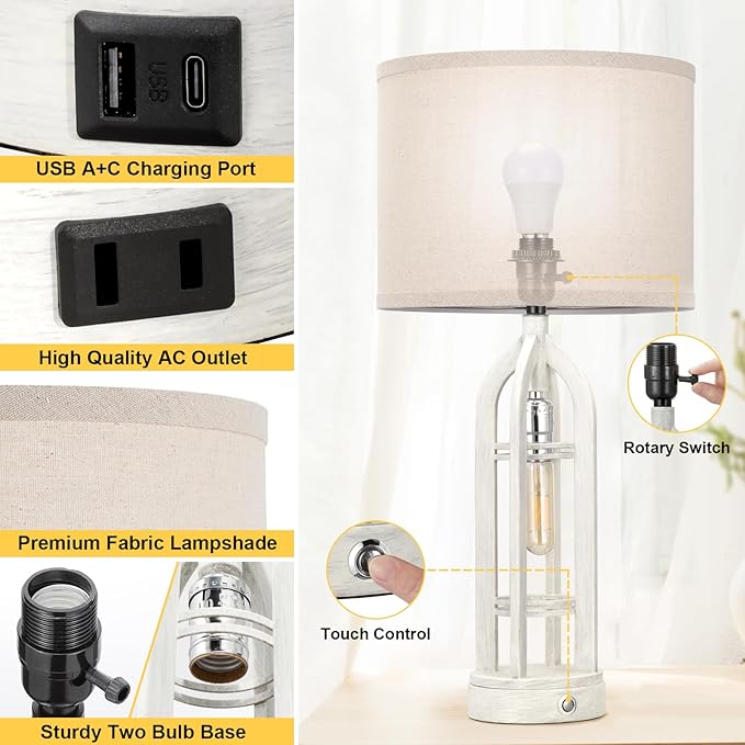 Seealle Table Lamp for Living Room Set of 2 - White Bedside Lamp for Bedroom with USB C+A & Outlet, Farmhouse Lamps for Night Stands, 3-Way Dimmable Touch Lamps for Living Room
