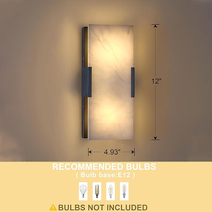 Doraimi Lighting 2 Pack 2 Light 12" Natural Square Alabaster Marble Bathroom Wall Sconce Modern Concise Style Wall Light Fixture,Dark Gray Finish for Bedroom Hallway Bedside Living Room