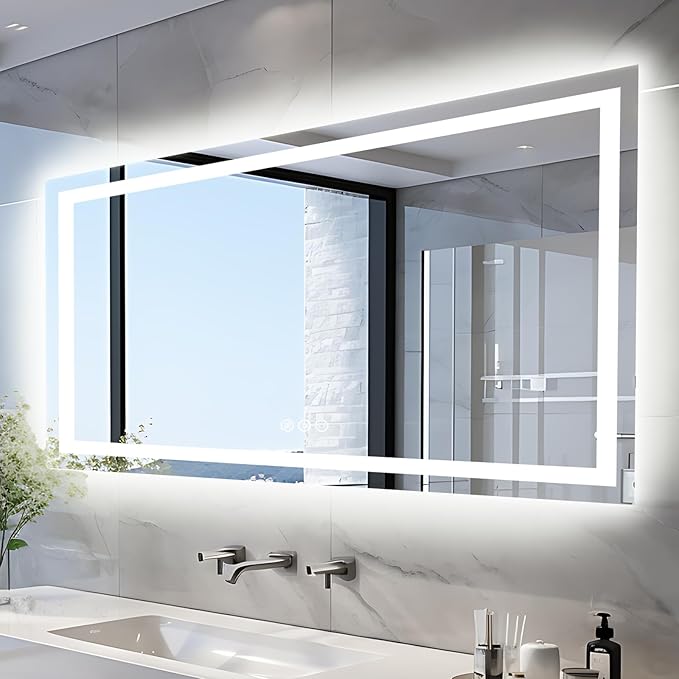 60"x28" LED Bathroom Mirror for Wall, Front and Backlit, Anti-Fog Vanity With Lights, Stepless Dimmable, 3 Colors Smart (Horizontal/Vertical)