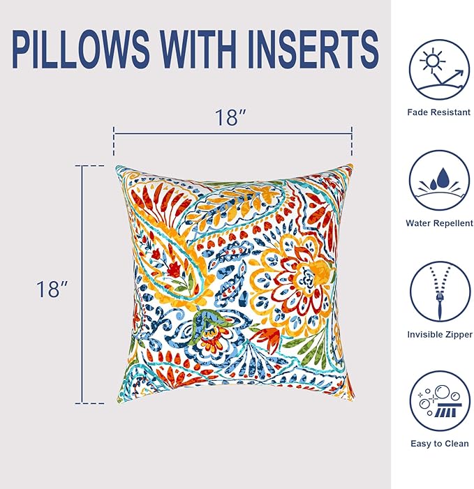 Patio Throw Pillows with Inners, Fade Resistant Square Pillow Pack of 2, Decorative Garden Cushions for Home, 18x18 Inch,Paisley Multi