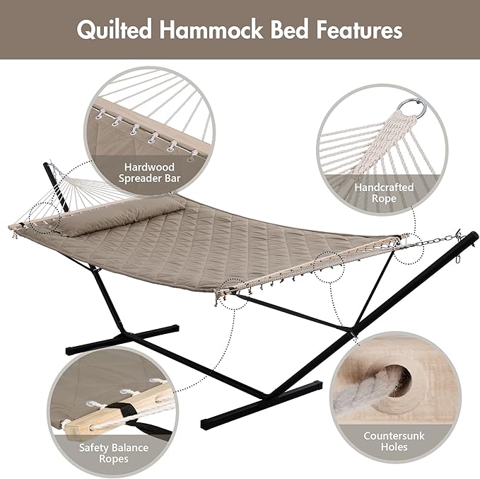 ANOW 2 Person Hammock with 12FT Stand, Heavy Duty Hammock with Stand for Outdoors, 450 LBS Weight Capacity, Light Brown