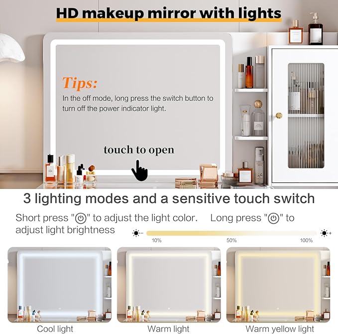 Vanity Desk with 29.53" HD Lighted Mirror, 47.24" Big Modern Vanity Desk with Mirror and Lights, Makeup Vanity with 5 Drawers and Storage Shelves and Charging Station, White