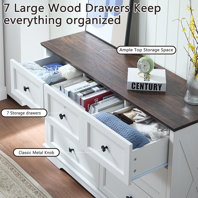 Farmhouse 7 Drawers Dresser for Bedroom with Charging Station, Wide 7 Chest of Drawers, White Wood Dressers Organizer for Closet, Modern Storage Organizer Cabinet for Living Room,Hallway & Entryway