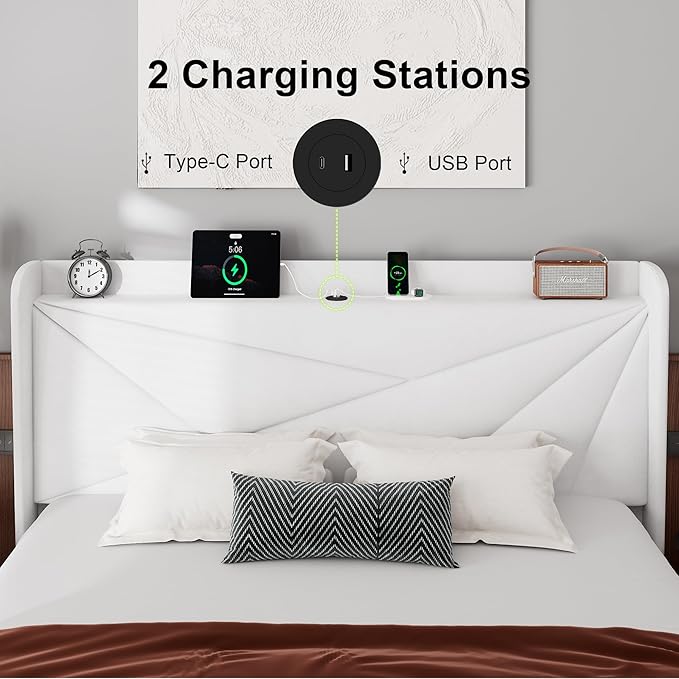 Feonase King Bed Frame with Charging Station, Velvet Upholstered Platform BedFrame with Wingback Storage Headboard, Solid Wood Slats Support, No Box Spring Needed, Noise Free, White