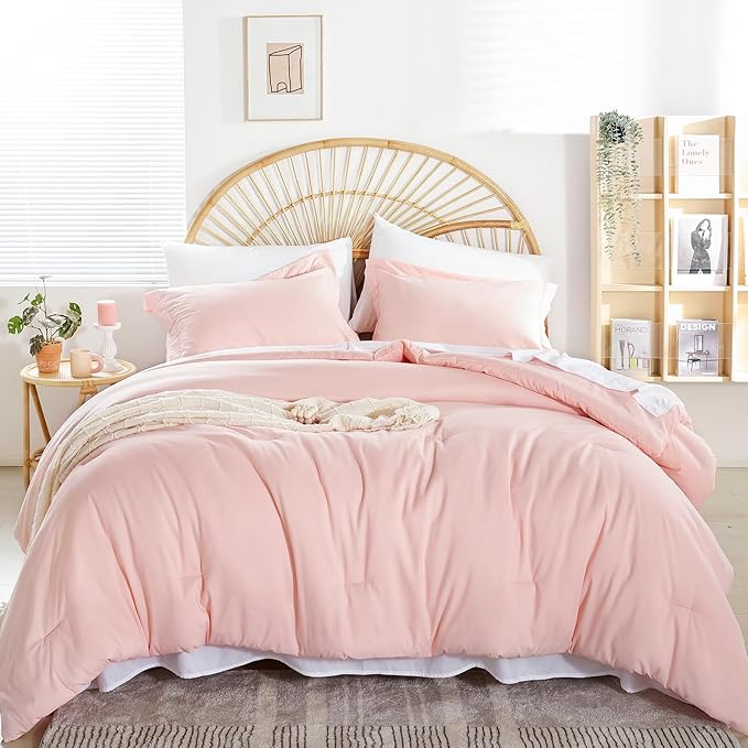 weigelia Queen Comforter Set Blush Pink Comforter Set 7 Pieces Comforters Queen Size Bedding Set with Flat Sheets, Fitted Sheet, Pillow Shams, Pillowcases for All Season