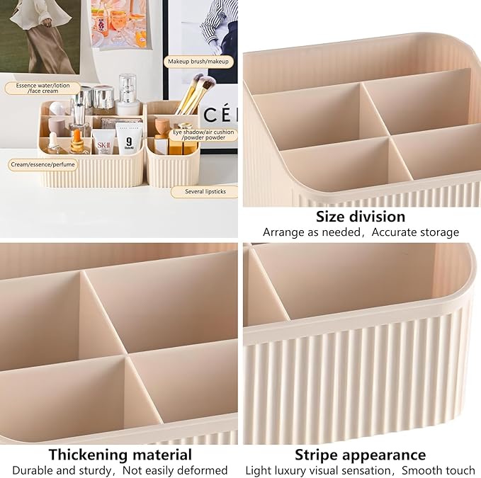DASITON Large Capacity Makeup Brush Holder,5 Slot Makeup Brush Cup,Vintage striped Make Up Brush Holder,for Vanity Decor,Bathroom Countertops,Desk Storage Container,Cosmetic Display cases(Cream)