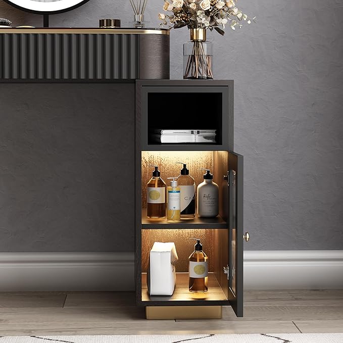 Lartis Makeup Vanity, Makeup Vanity with LED Makeup Mirror, Three Adjustable Light Levels, Tempered Teal Glass countertop