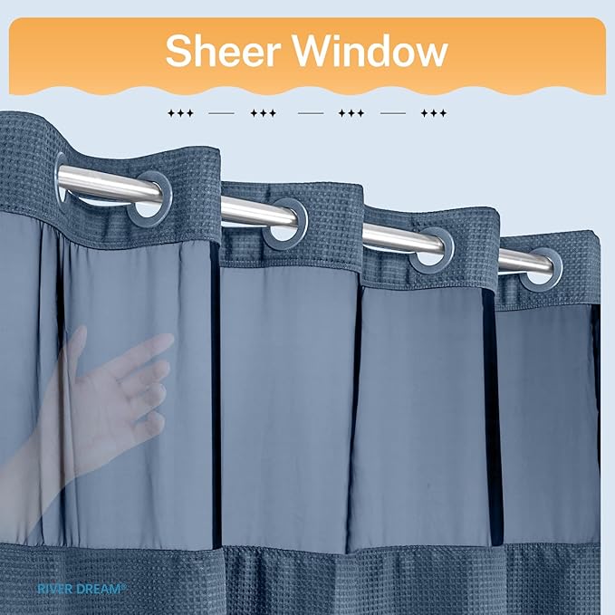 River Dream Blue Shower Curtain No Hooks Required Dotted Waffle Weave Shower Curtain with Snap in Liner - 71W x 74H,Hotel Grade,Spa Like Bath Curtain,Moonlight Blue