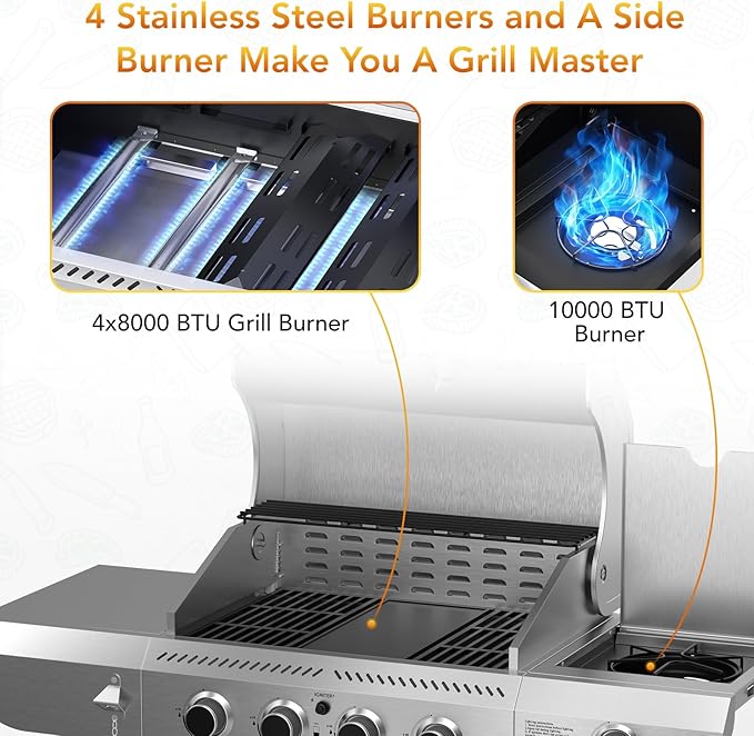 Electactic G41 Pro BBQ Grill,Heavy-Duty Stainless Steel Gas Grill, 4 Burner Gas Grill with Side Burner,42000 BTU Propane Grill for Outdoor Cooking,Barbecue,Garden and Patio Backyard