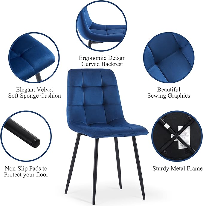 NORDICANA 5-Piece Dining Table Set, 47 in Modern Irregular Rectangle Kitchen Table & 4 Navy Blue Velvet Upholstery Side Chairs, Metal Legs, Dining Room Set for 4
