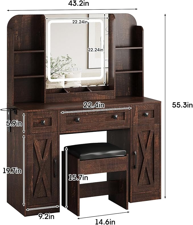 Vabches Makeup Vanity Desk, Vanity Mirror with Lights Desk and Chair,Makeup Table with 3 Large Drawers and 2 Cabinets, Time and Temperature Display, 3 LED Lighting Modes Adjustable, Brown