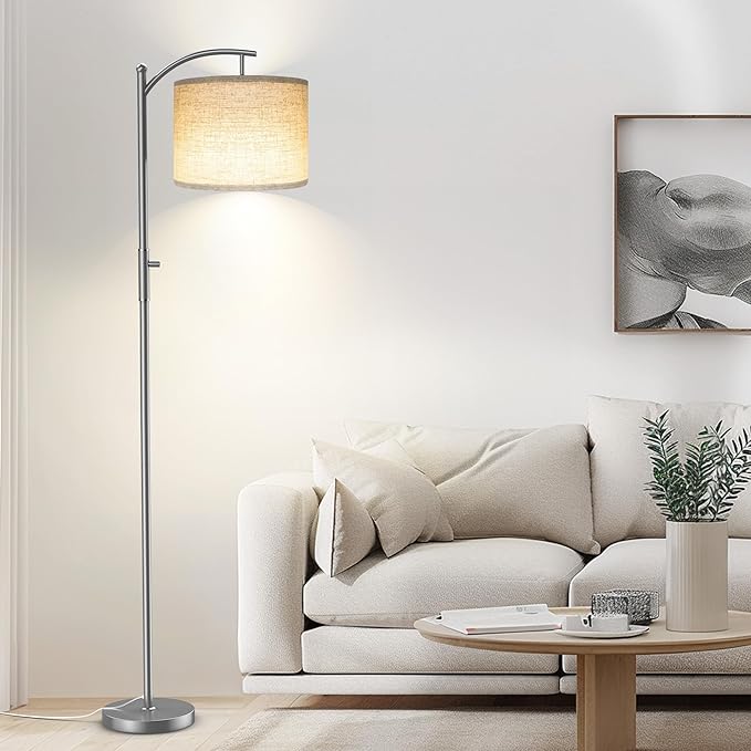 ROTTOGOON Dimmable Floor Lamp, Arc Floor Lamps for Living Room, Stepless Dimming Modern Standing Lamp with Linen Shade, Tall Lamp for Bedroom Office Dining Room- Silver