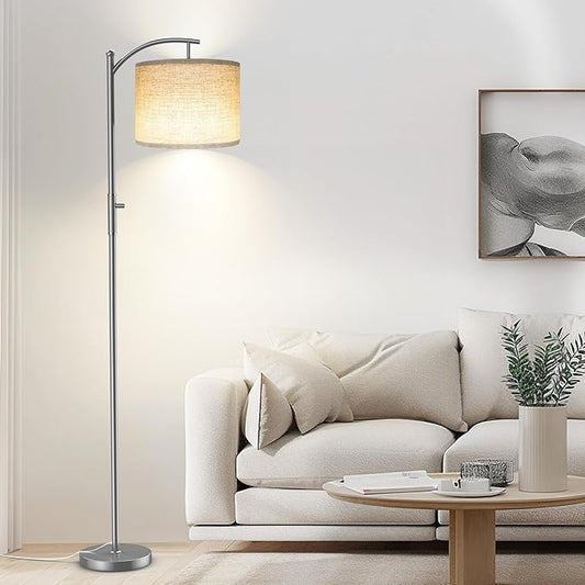 ROTTOGOON Dimmable Floor Lamp, Arc Floor Lamps for Living Room, Stepless Dimming Modern Standing Lamp with Linen Shade, Tall Lamp for Bedroom Office Dining Room- Silver