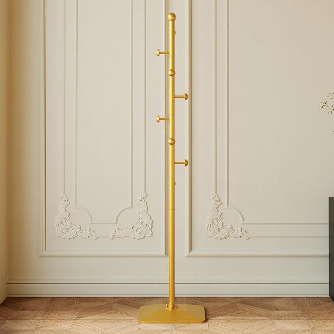 Gold coat rack,Metal coat hanger stand,Coat Tree freestanding Heavy duty with 8 Hooks and Cast iron base for coats,Hat,scarf,jacket,purse
