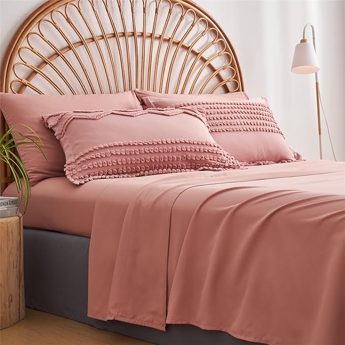 Blush Pink Tufted Comforter Set Queen Size 7 Piece Bed in a Bag, Shabby Chic Boho Comforter and Sheet Set, Pom Pom Textured Bed Set, All Season Soft Microfiber Complete Bedding Set(Pink,Queen)