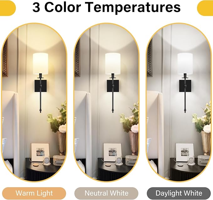 19.9 Inch Black Battery Operated Wall Sconces Set of 2, Rechargeable Wireless Wall Lights with Remote & White Fabric Shade, Indoor Not Hardwired Dimmable Wall Lamps for Living Room, 2 Bulbs Included