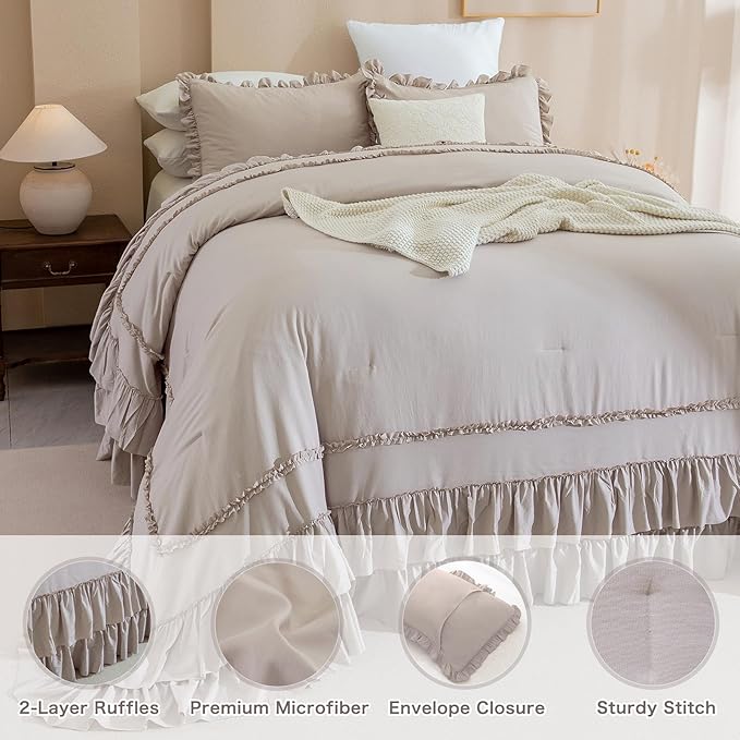 QSH Taupe Oversized King Comforter Set 120x120,Shabby Vintage Chic Ruffled Bedding Comforter Farmhouse French Country Rustic Comforter Microfiber Soft Fluffy Lightweight Bedding 3 PCs