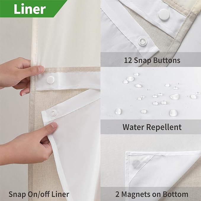 No Hooks Needed Linen Textured Shower Curtain with Snap-in Fabric Liner Set,Cream Hotel Luxury Decor Shower Curtains for Bathroom,Waterproof & Washable,71Wx77H