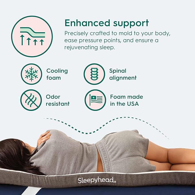 Sleepyhead Twin XL 2 Inch Super Memory Foam Mattress Topper for College Dorm – Copper & Gel Infused, Cooling, Washable Cover, Thick & Comfortable Mattress Pad, Dorm Room Essentials (XL Twin 2")