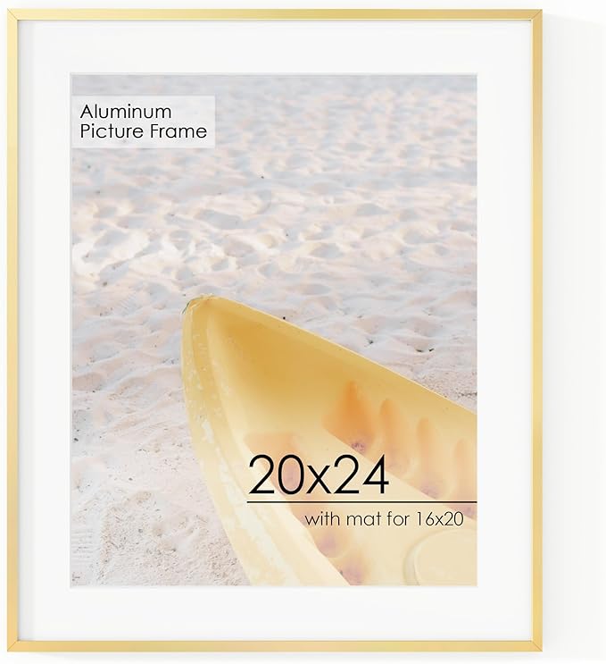 20x24 Metal Picture Frame for Wall With Mat for 16x20, 20''x24'' Aluminum Photo Frames With Tempered Glass for Home Decor, Minimalist Modern Poster Frame Horizontal And Vertical Formats, Gold