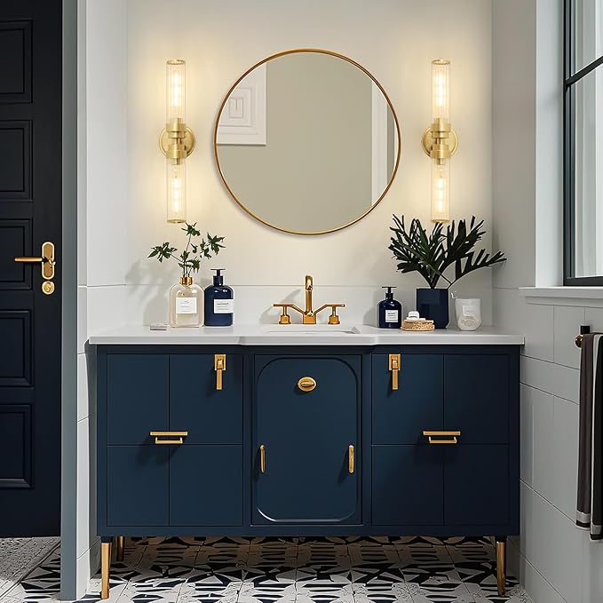 Bathroom Light Fixtures, Gold Wall Sconce in Threaded Glass Vanity Lights 2 Pack, Modern Bathroom Vanity Light Up and Down Sconces Wall Lighting for Bathroom, Living Room - Bulb Not Included